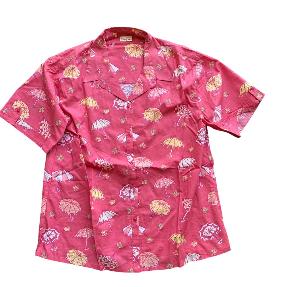 Peter Beaton Pink Beach Umbrella Print Camp Shirt Short Sleeve Cotton Mens L